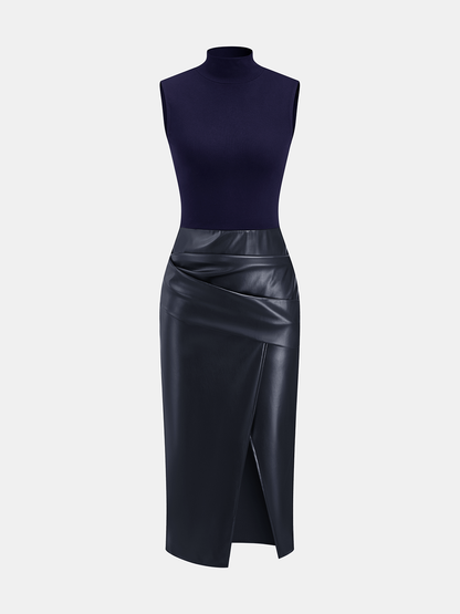 Faux Leather Panel Mock Neck Sleeveless Dress
