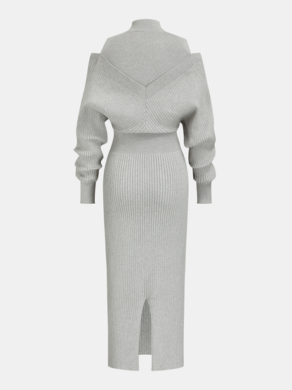 Off-Shoulder Waist-Defined Rib-Knit Midi Dress
