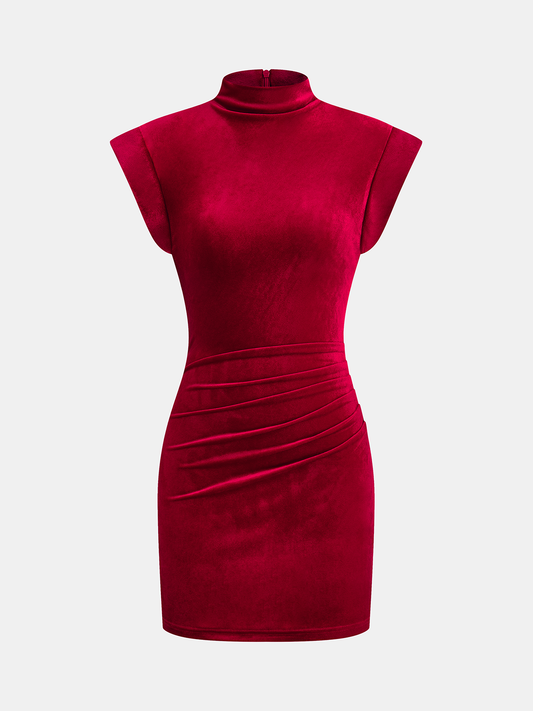 Velvet Mock Neck Ruched Sleeveless Dress
