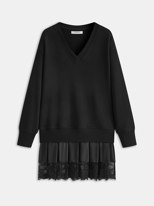 Pleated Hem Lace-Trimmed Sweatshirt Dress
