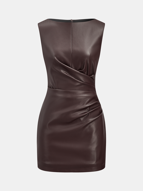 Faux Leather Waist Ruched Dress