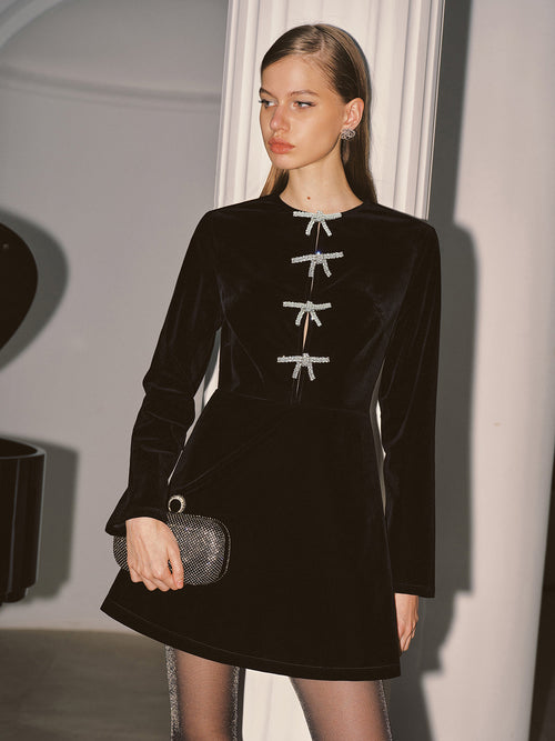 Crystal Bow Detail Velvet Mini Dress