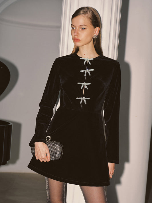 Crystal Bow Detail Velvet Mini Dress