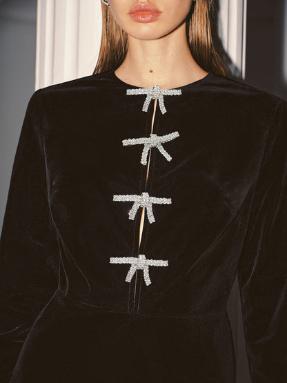Crystal Bow Detail Velvet Mini Dress