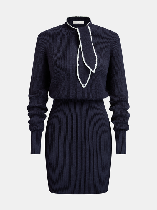 Contrast-Trim Tie-Neck Knit Midi Dress
