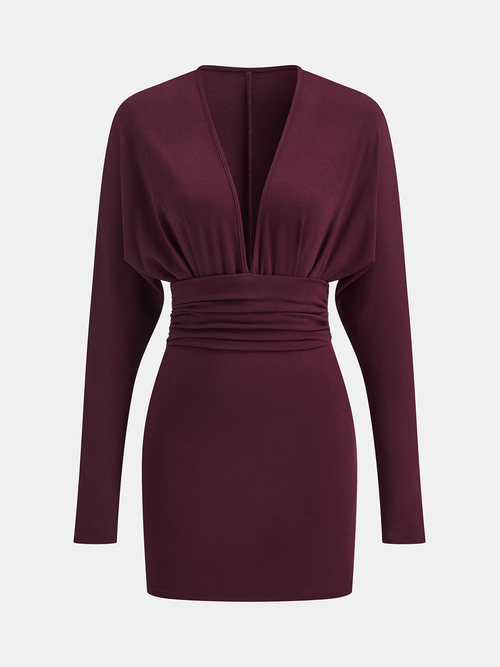 Deep V-Neck Ruched Long-Sleeve Mini Dress