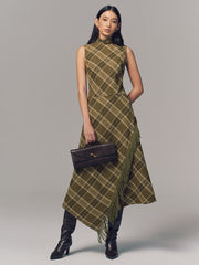 Plaid Fringe Sleeveless Cotton Maxi Dress