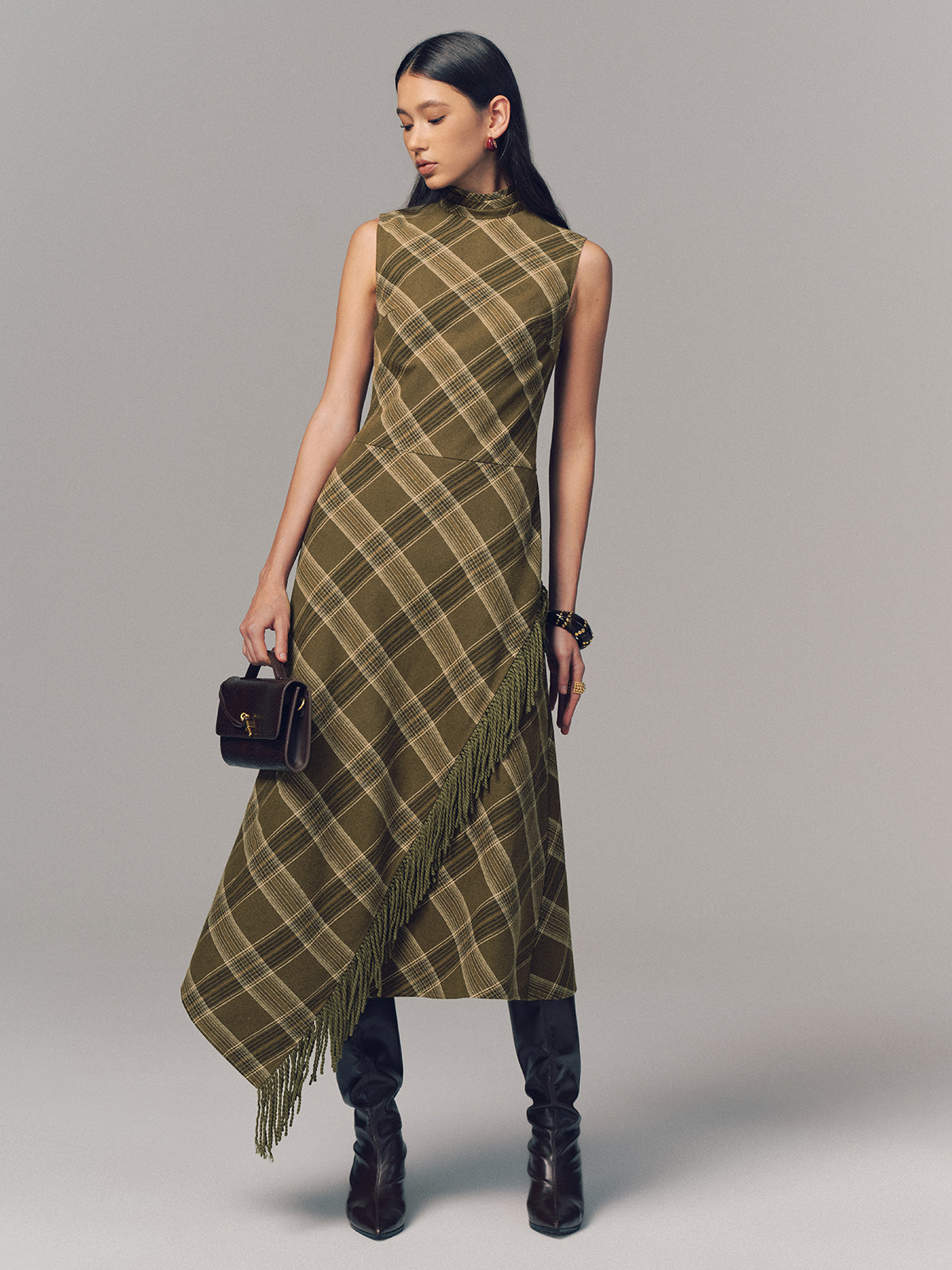 Plaid Fringe Sleeveless Cotton Maxi Dress