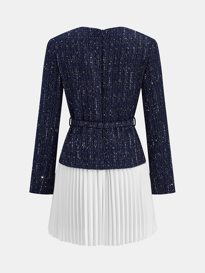 Pleated Hem Panel Tweed Belted Mini Dress