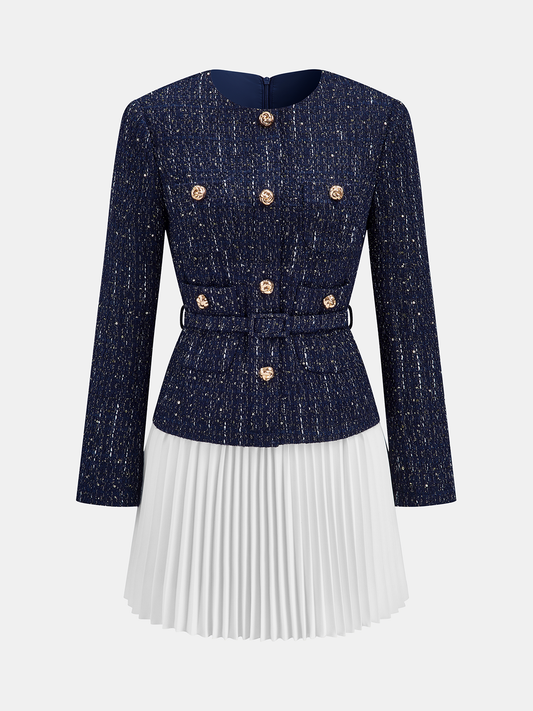 Pleated Hem Panel Tweed Belted Mini Dress