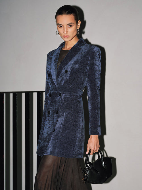 Velvet Double-Breasted Belted Blazer Dress