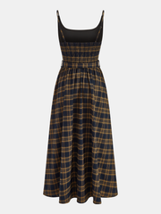 Plaid Smocked Bodice Belted Midi Dress