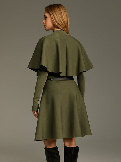 Capelet-Style Button-Front Belted Midi Dress