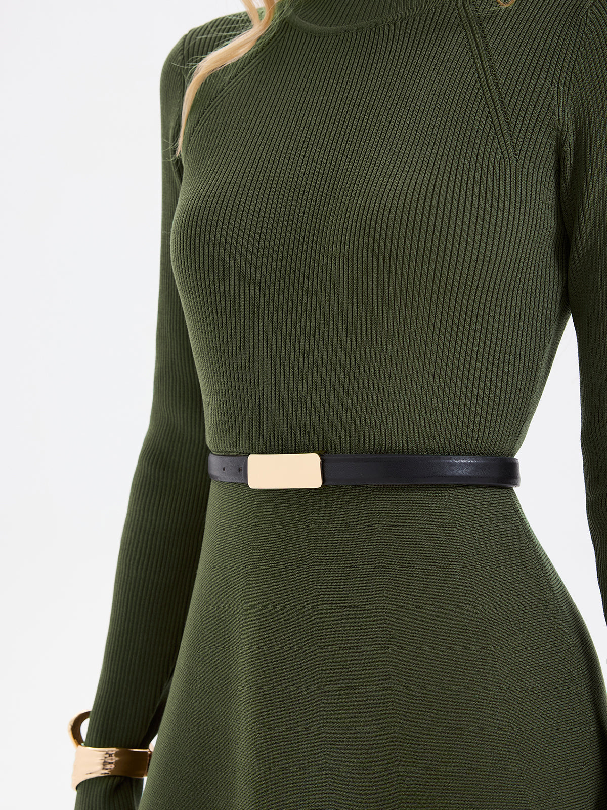 Belted Ribbed Turtleneck Knit Mini Dress