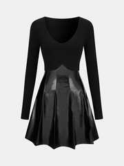 Pleated Faux Leather Panel Long-Sleeve Dress