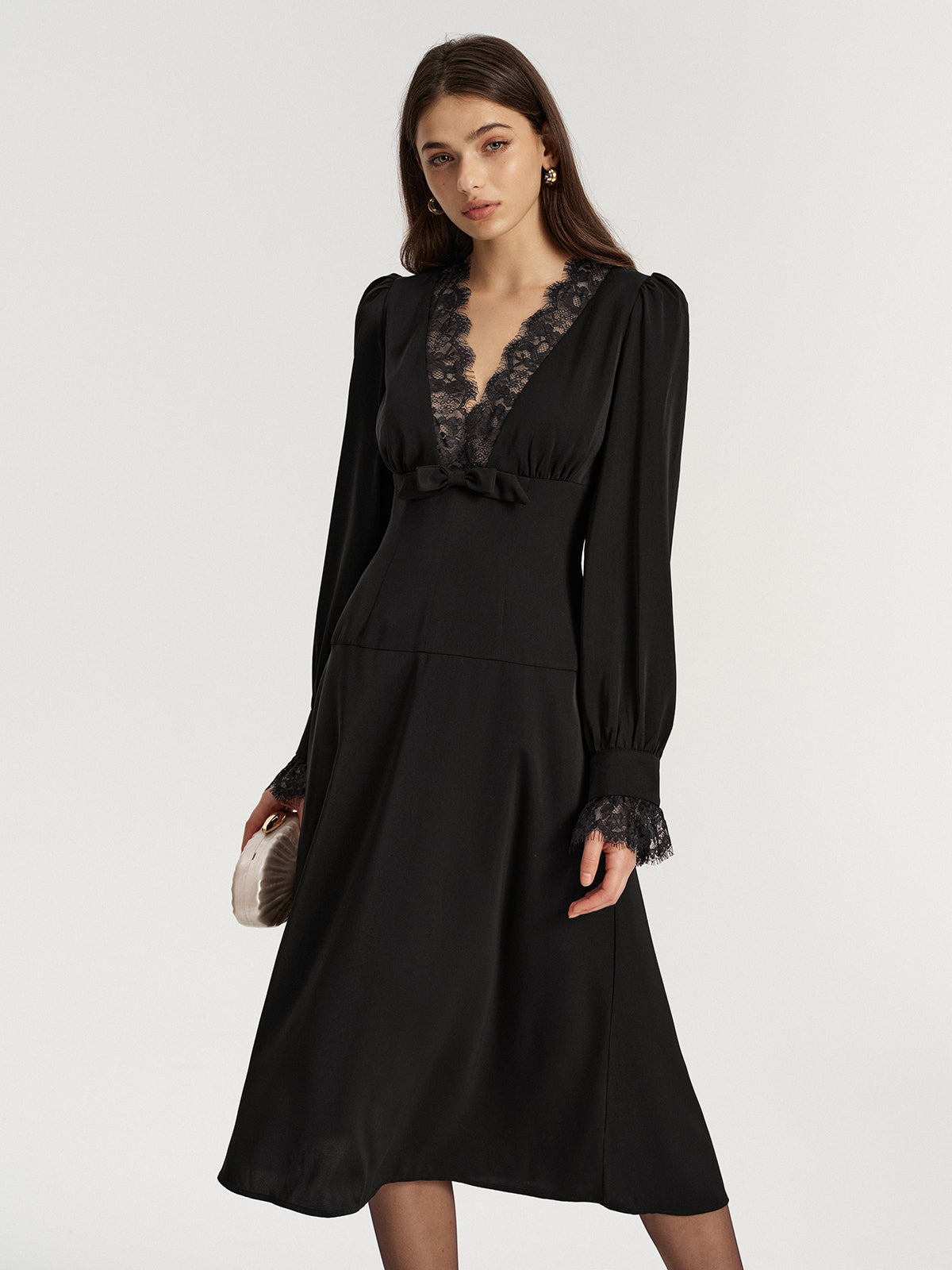 Lace V-Neck Bow Detail Satin Midi Dress