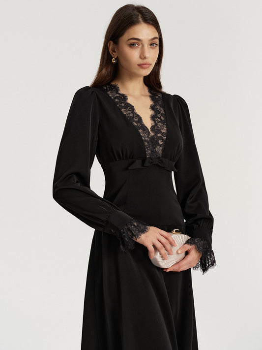 Lace V-Neck Bow Detail Satin Midi Dress