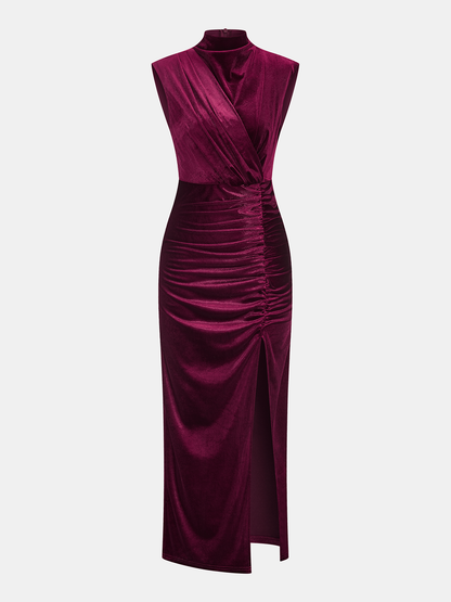 Sleeveless Side Slit Velvet Mock Neck Maxi Dress