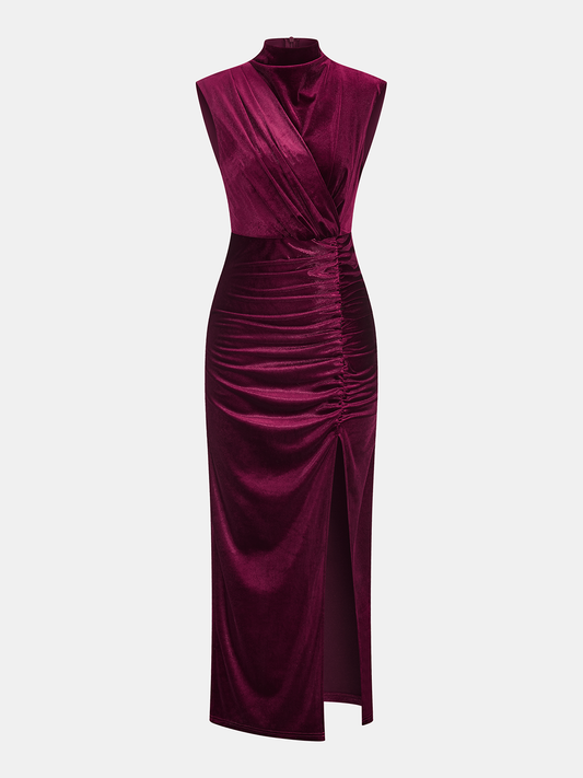 Sleeveless Side Slit Velvet Mock Neck Maxi Dress