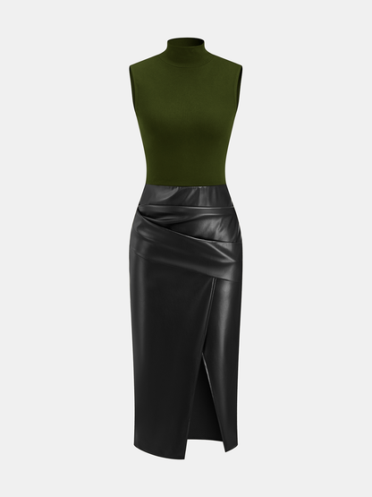 Faux Leather Panel Mock Neck Sleeveless Dress