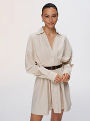 Pleated Cotton-Linen Belted Shirt Dress