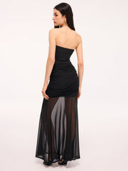 Mesh Panel Strapless Ruched Maxi Dress