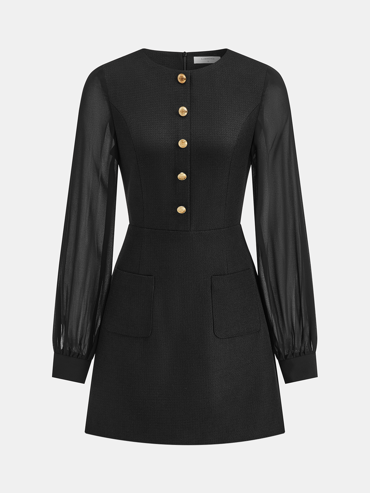 Sheer Sleeve Metal Detail Tweed Mini Dress