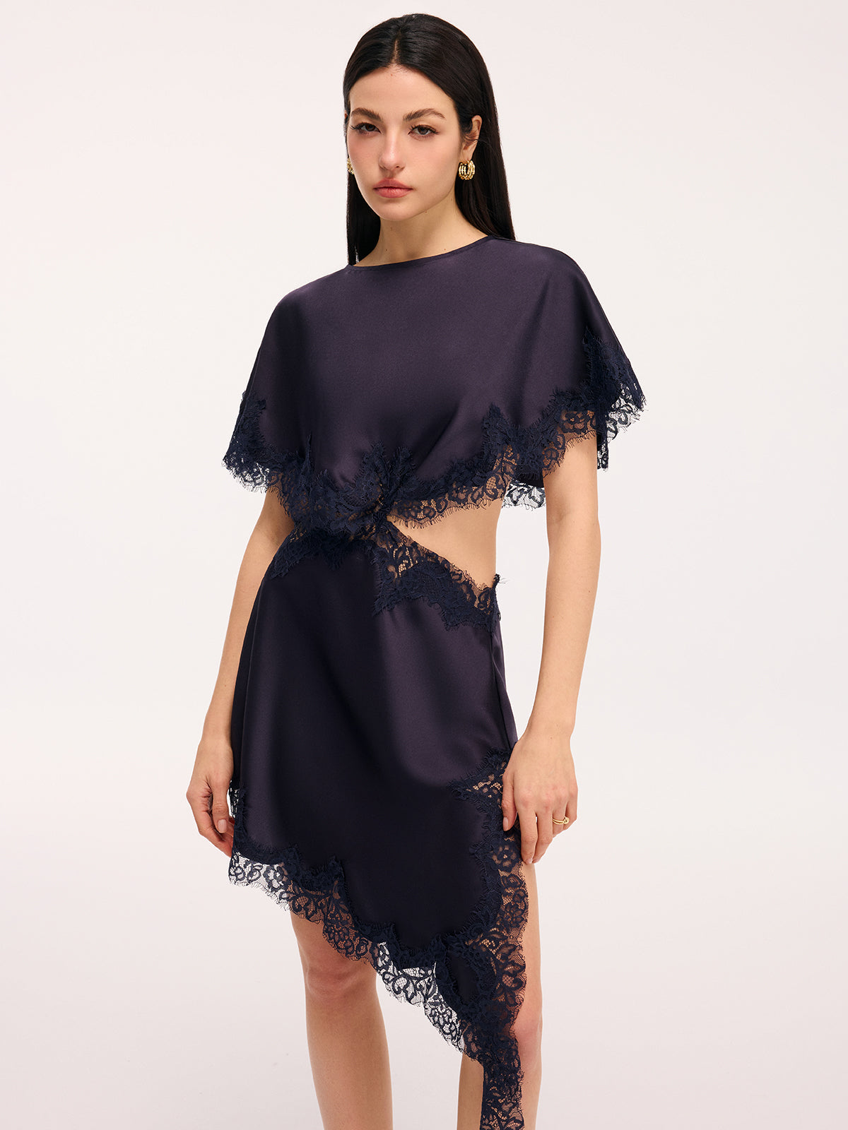Lace Trim Satin Cut-Out Capelet Mini Dress