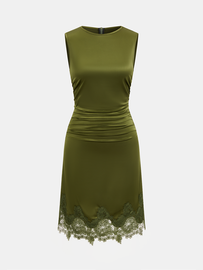 Satin Lace Hem Ruched Sleeveless Mini Dress