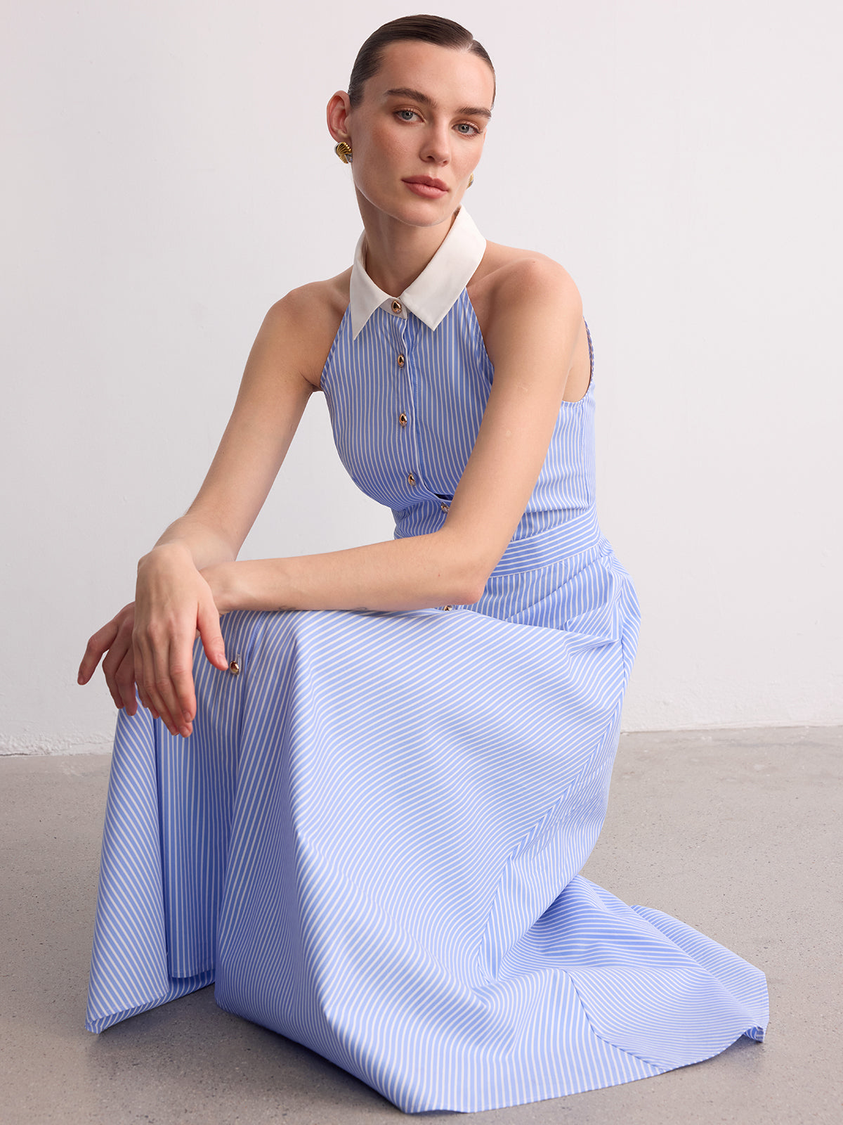 Collared Striped Sleeveless Buttoned Maxi Dress