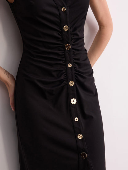 Sleeveless V-Neck Ruched Button-Front Midi Dress