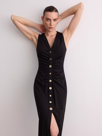 Sleeveless V-Neck Ruched Button-Front Midi Dress