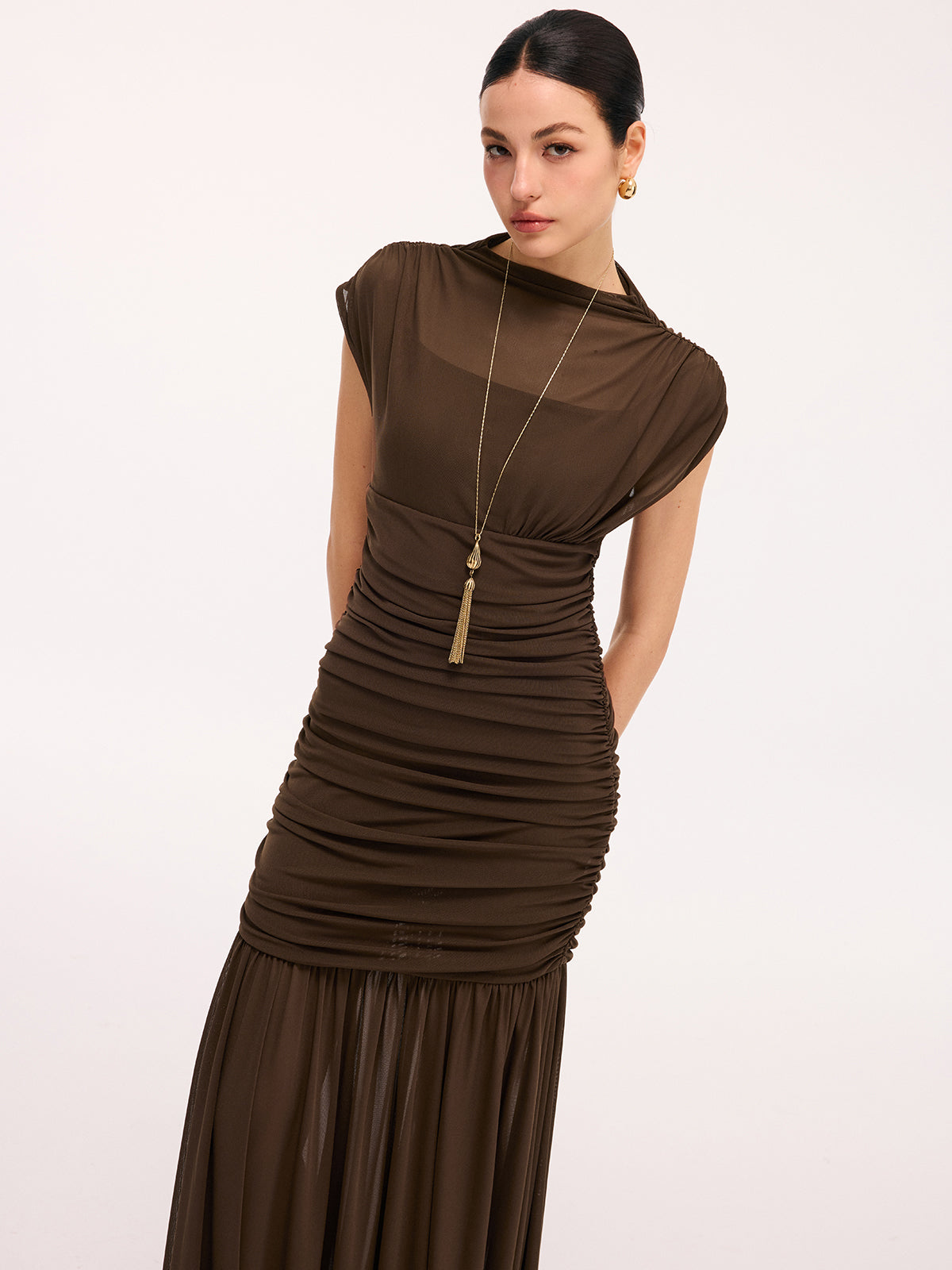 Semi-Sheer Ruched Mesh Cap Sleeve Maxi Dress