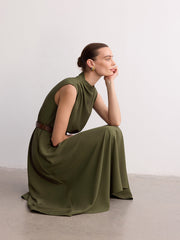 Sleeveless Mock Neck Belted Maxi Dress