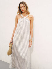 Halter Striped Cotton-Linen Maxi Dress