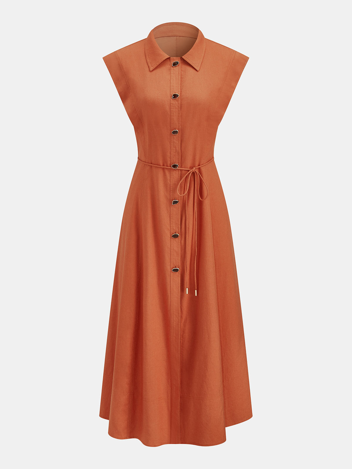 Linen Blend Sleeveless Button Tie-Waist Shirt Dress