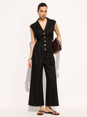 Linen Blend Sleeveless Lapel Wide Leg Jumpsuit