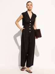 Linen Blend Sleeveless Lapel Wide Leg Jumpsuit