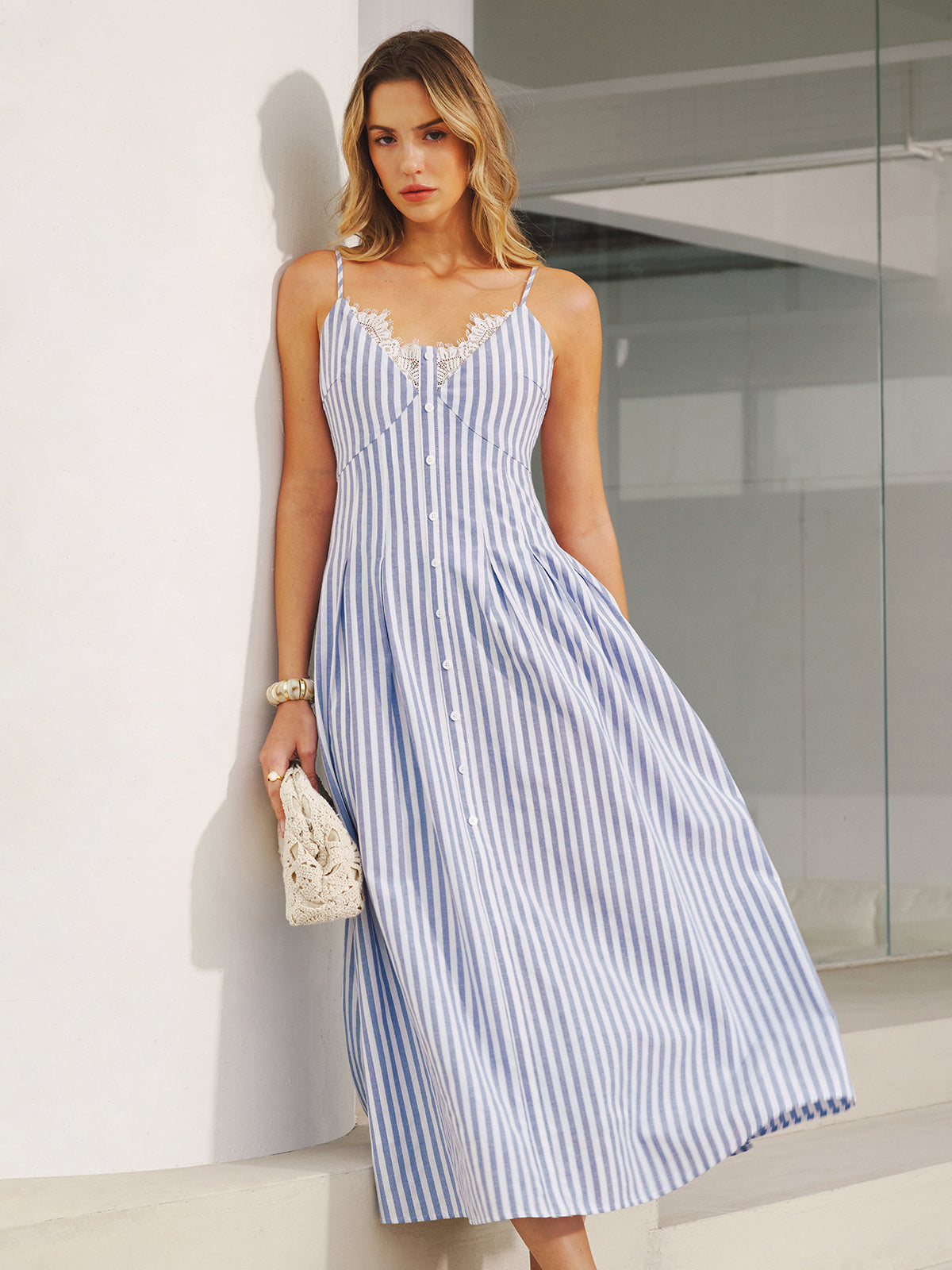 Lace Trim Striped Cami Maxi Dress