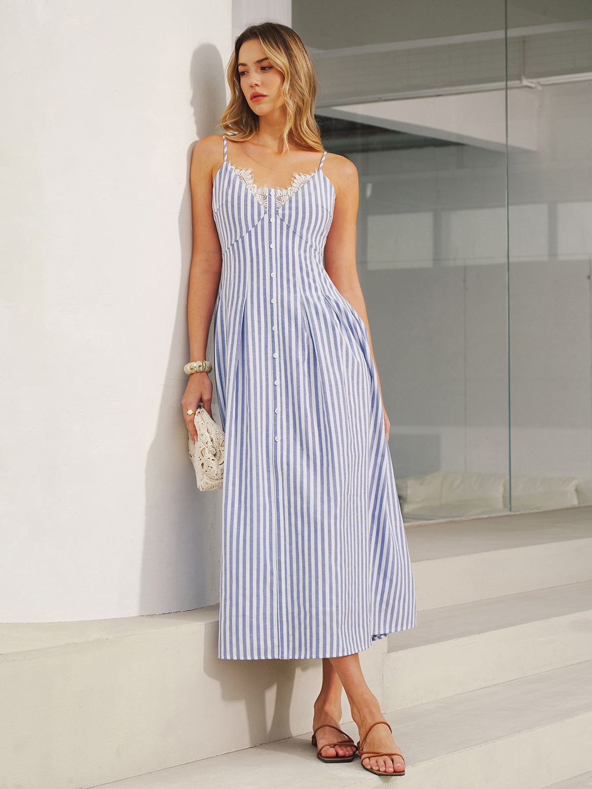 Lace Trim Striped Cami Maxi Dress