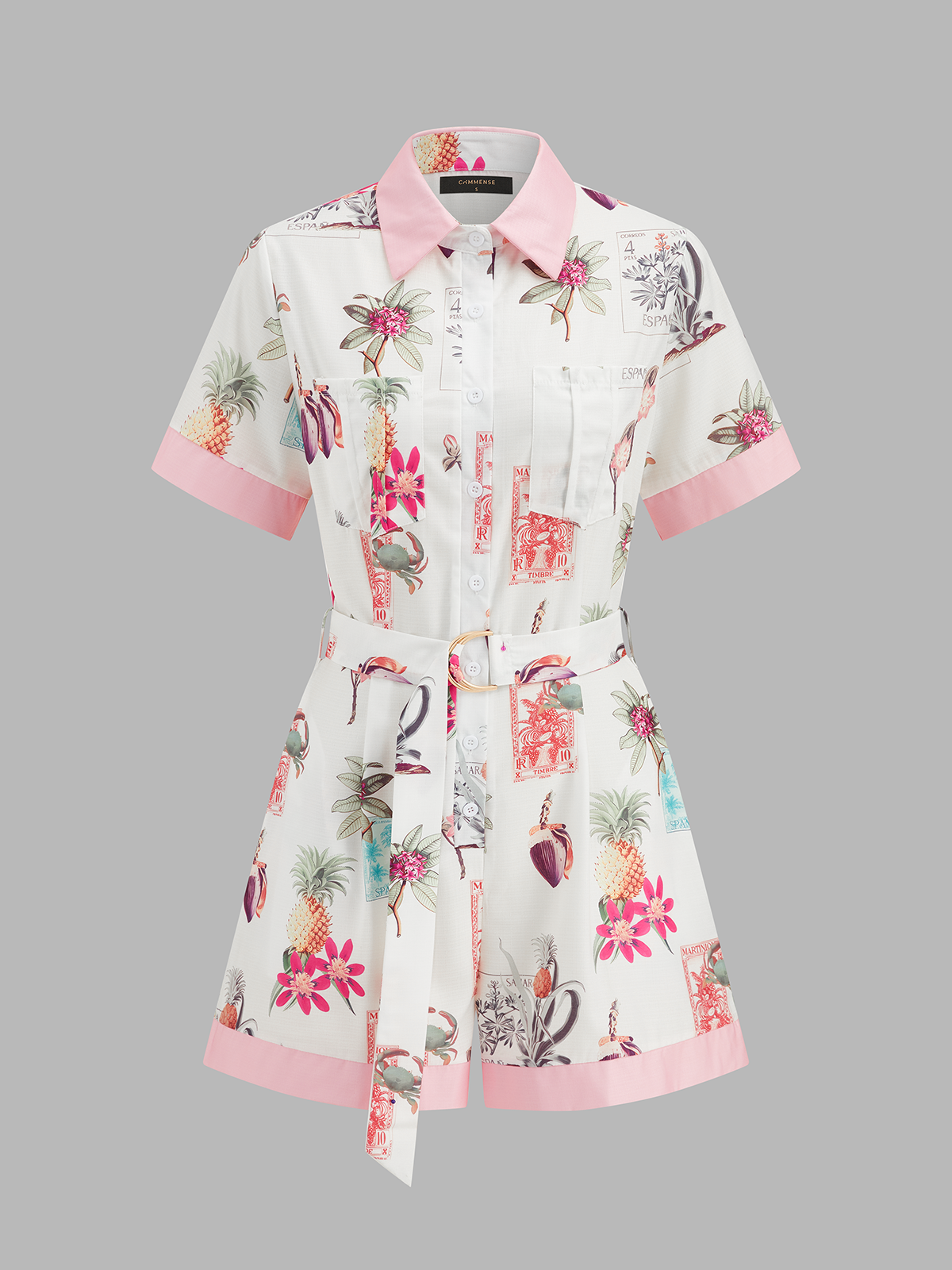Cotton Linen Tropical Print Belted Romper