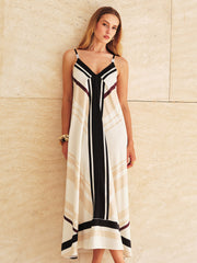 Satin Geometric Stripe Cami Maxi Dress
