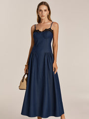 Lace Trim Faux Denim Cami Maxi Dress