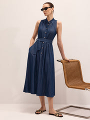 Cotton Blend Sleeveless Belted Maxi Dress