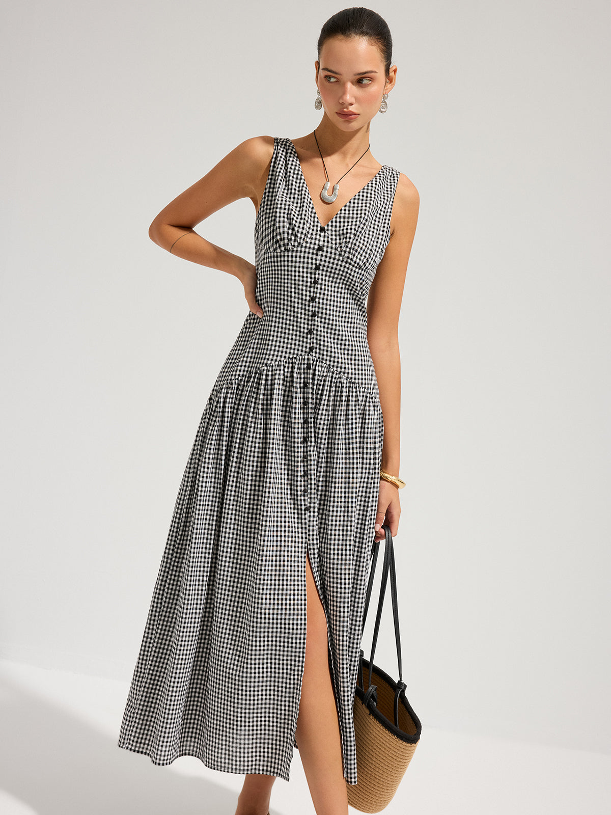 Gingham Cotton Sleeveless V-Neck Maxi Dress