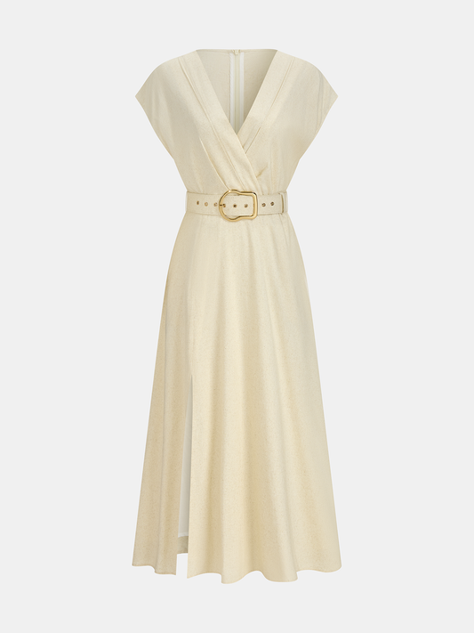 Linen Blend V-Neck Belted Maxi Dress