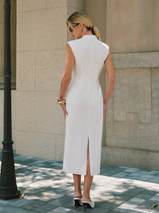 Sleeveless Buckle Detail Mandarin Collar Maxi Dress