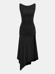 Sleeveless Ruched Asymmetric Maxi Dress