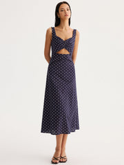 Polka Dot Cutout Cotton Linen Maxi Dress