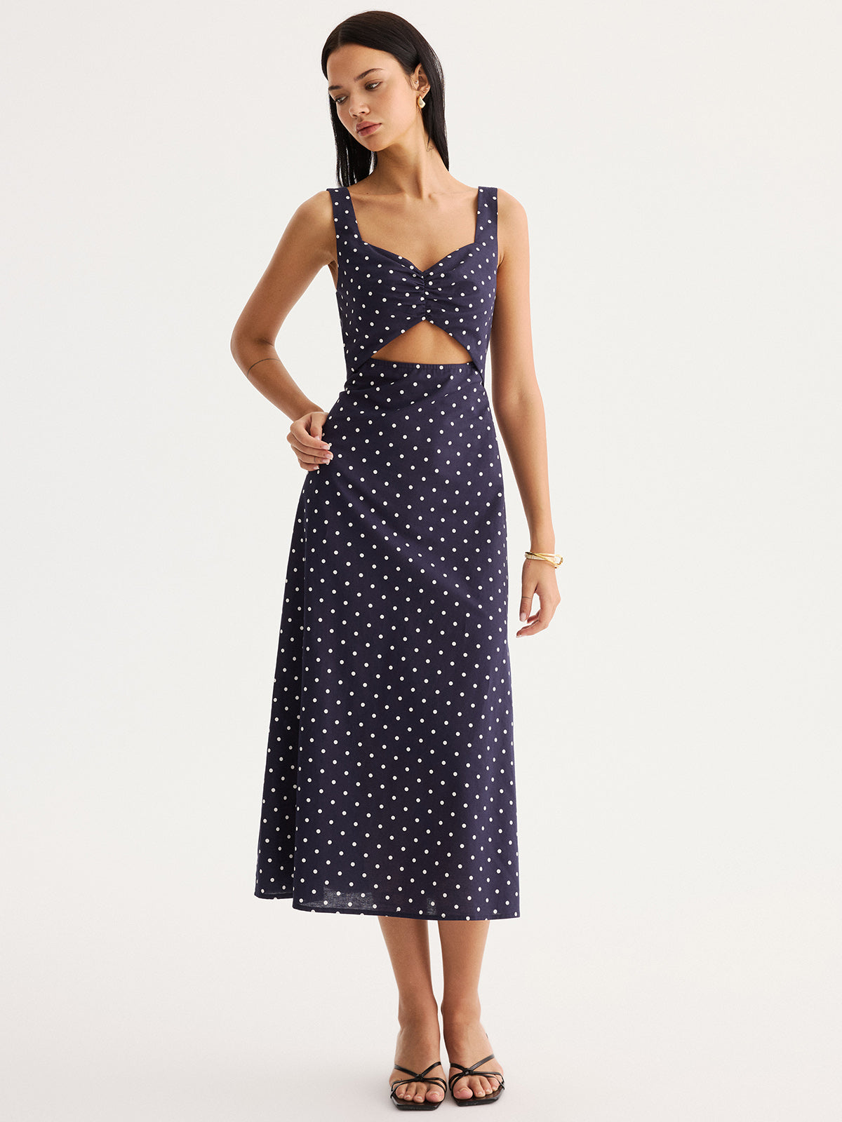 Polka Dot Cutout Cotton Linen Maxi Dress